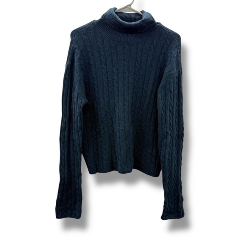ATM Cable Knit Turtleneck Sweater Women's Small Navy Blue Pullover Cozy FLAWED